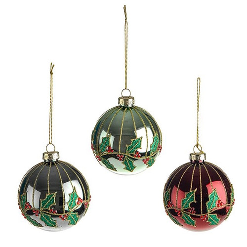 Bauble Glitter Holly Glass 3Ast