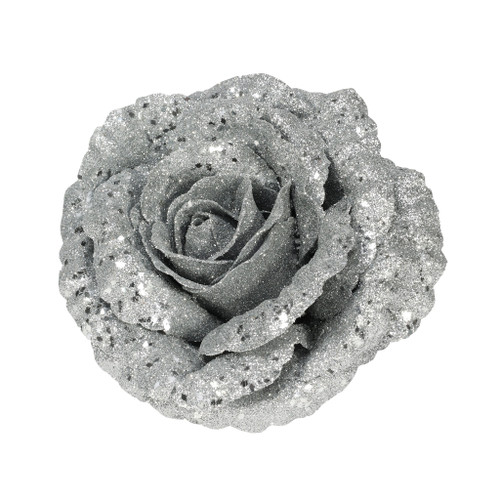 Silver Glittered Rose with Clip - 18cm