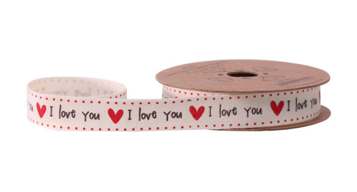 15mm x10yds Cream Cotton I Love you/Red Hearts Ribbon (6/60)