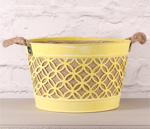 28CM Round Planter w/Hessian and Rope Handle in Yellow (12/24)