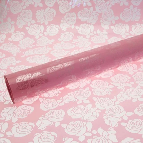 Cellophane Print Baby Pink Cut Out Roses 50cm 100m
