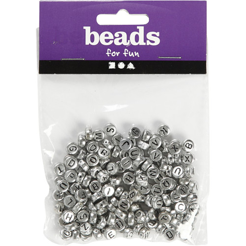 Letter Beads, silver, D: 7 mm, hole size 1,2 mm, 21 g/ 1 pack