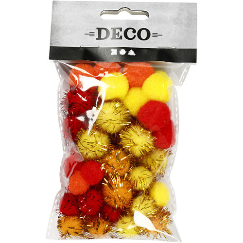 Pompoms, orange, red, yellow, D: 15+20 mm, 48 asstd./ 1 pack