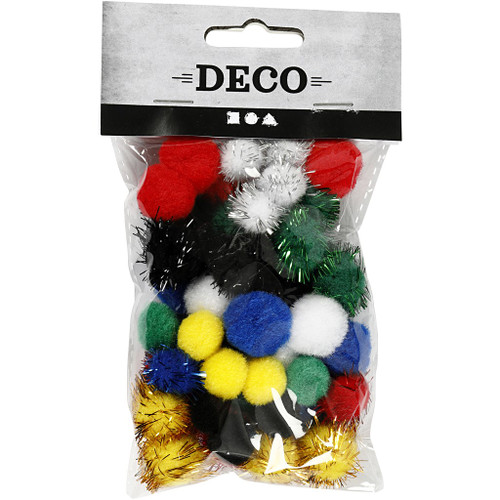 Pompoms, assorted colours, D: 15+20 mm, 48 asstd./ 1 pack