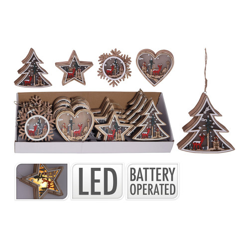 Hanging Decoration Wooden Figure With Led 12X3cm 4 Assorted