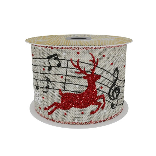 Natural Ribbon With Red Reindeer and Musical Notes 63mm x 10yd