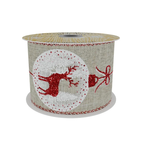 Natural Ribbon with Reindeer Bauble Print -Red/ White  63mm x 10yd