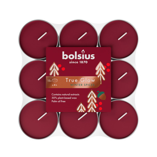 Bolsius Christmas True Glow Fragranced Tealights - Pk of 18 - Winter Spices -Red