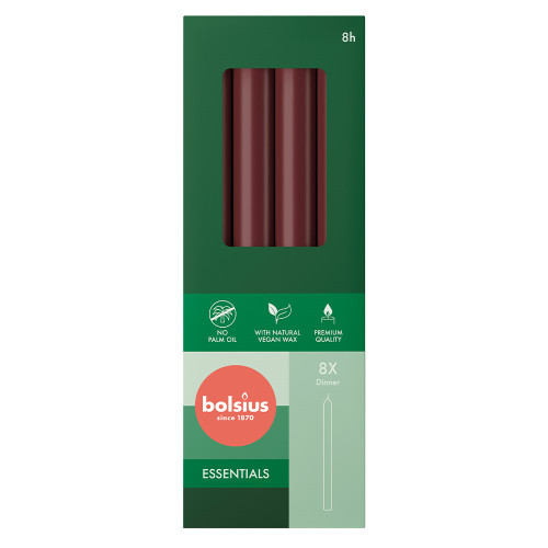 Bolsius Essential Dinner Candles  Box of 8 -230x20mm - Velvet Red