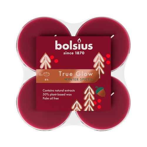 Bolsius Christmas True Glow Fragranced Maxi Light - Pk of 8 - Winter Spices -Red