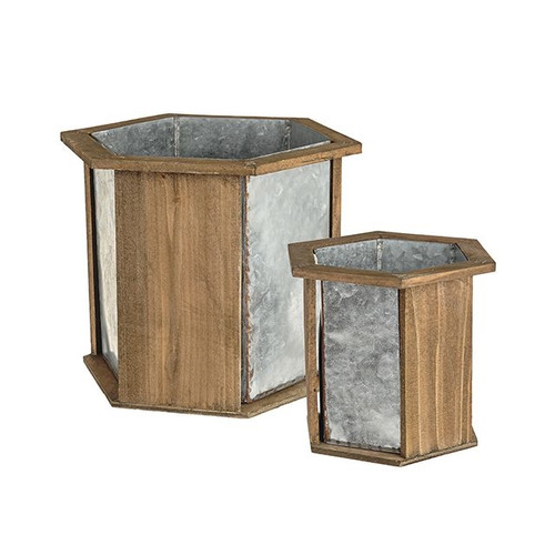 Rustic Country Hex Planter Set Of 2 Metal And Wood
