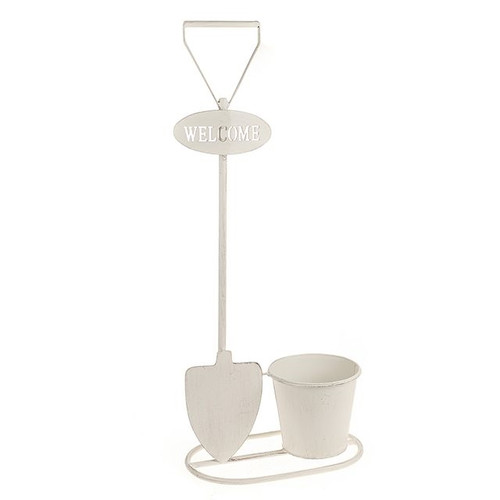 Welcome Spade With Metal Plant Pot White