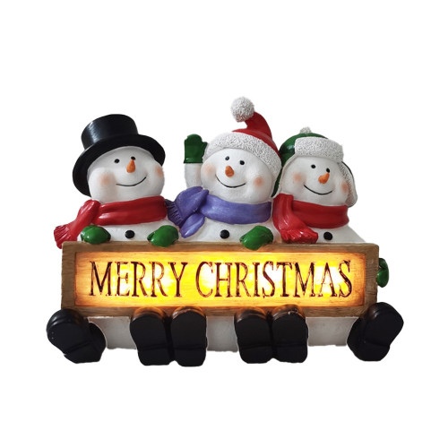 3 snowmen with light up Merry Christmas sign 24cm from Country Baskets