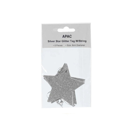 Pk6 Silver Star Glitter Tags W/String