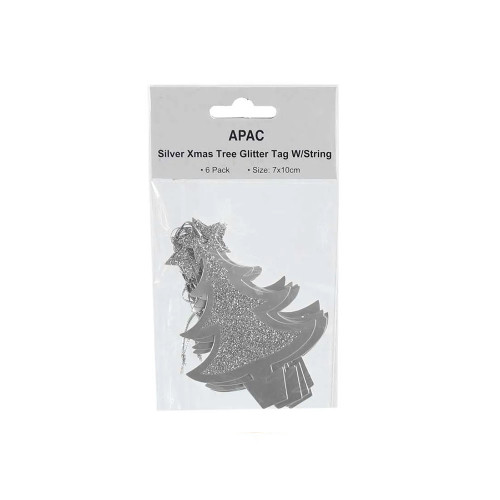 Pk6 Silver Xmas Tree Glitter Tags W/String from Country Baskets