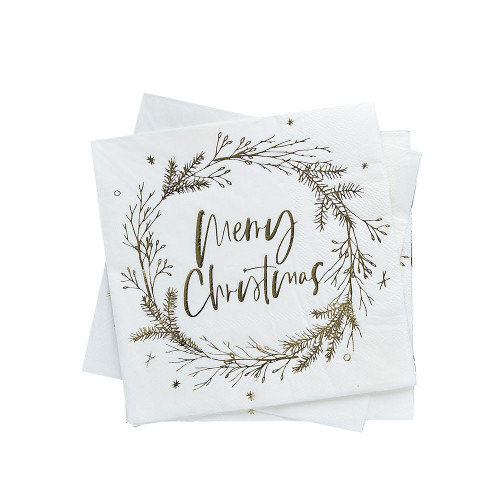 Gold Foiled Merry Christmas Wreath Napkins 20 Pack
