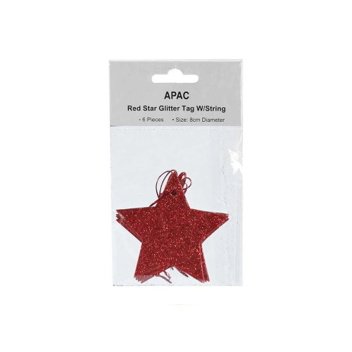 Pk6  Red Star Glitter Tags W/String