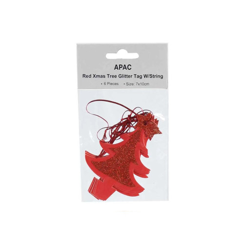 Pk6  Red Xmas Tree Glitter Tags W/String