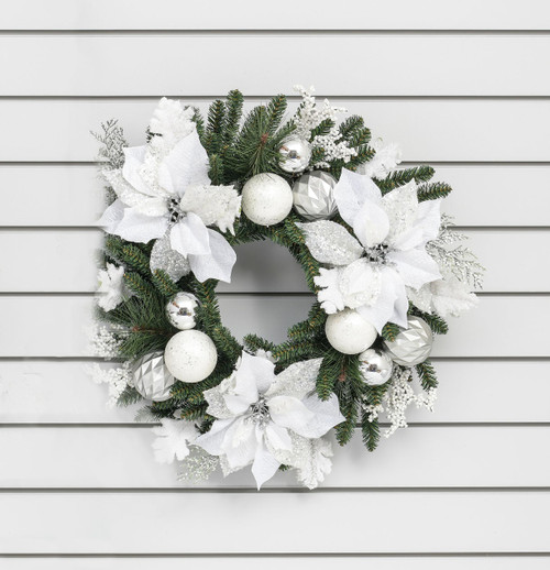 24" Poinsettia/Ball Wreath White from Country Baskets