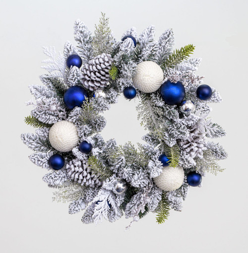 60cm Flock Pine/Ball Wrth Blue/Wht from Country Baskets