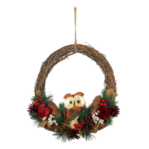 Half Wreath with Owl, Red Flowers and berries 36x31x9cm