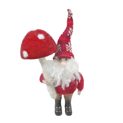 Felt Elf with Red Hat Holding Red Toadstool - H18.5cm