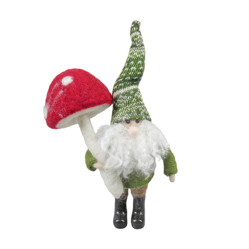 Felt Elf with Green Hat Holding Red Toadstool - H17cm