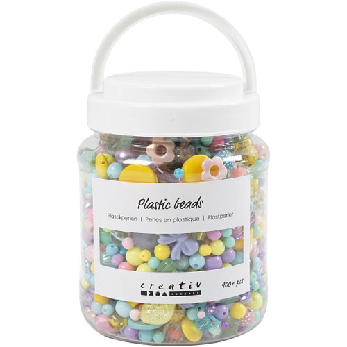 Plastic beads,dia 5-35 mm, hole 1-8 mm 900 pc, asst colours, 700ml 1 tub