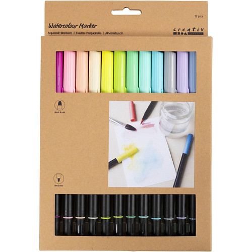Watercolour Marker, Pastel, line 2+4-8 mm, assorted colours, 12 pc 1 pack