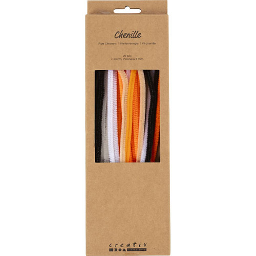 Chenille, L: 30 cm, thickness 6 mm, orangeblack colours, 25 asstd. 1 pack