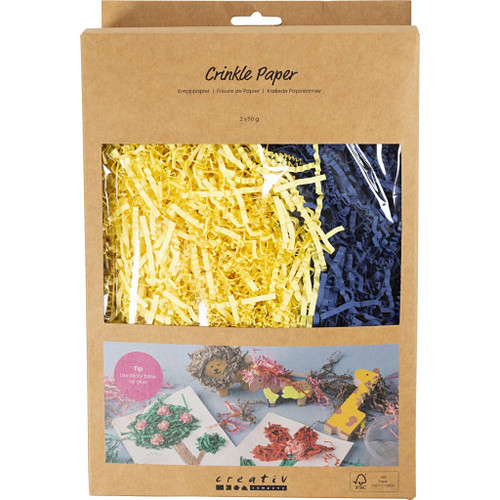 Crinkle Paper, L: 25-30 cm, W: 3 mm, dark blue, yellow, 2x50 g 1 pack