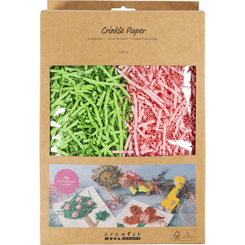 Crinkle Paper, L: 25-30 cm, W: 3 mm, dark green, pink, 2x50 g 1 pack