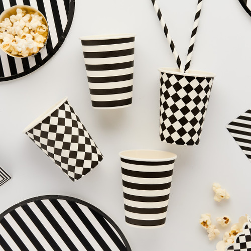 Monochrome Striped and Diamond Paper Cups - Pack of 8