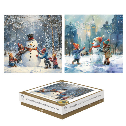 12 Luxury Cards XMAS Square Box Snowman 2 Assorted