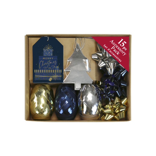 15Pc Navy Met Tag & Ribbon Acc Pk