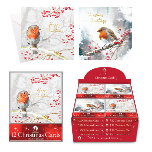 12 XMAS Cards  Acetate Robin and Holly Scene 2 Assorted