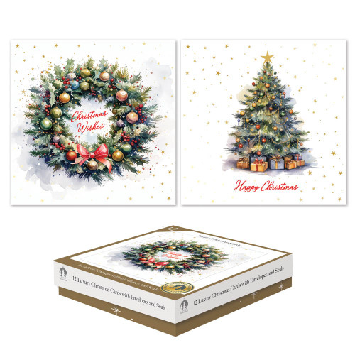 12 Luxury Cards XMAS Square Box Tree & Wreath 2 Assorted