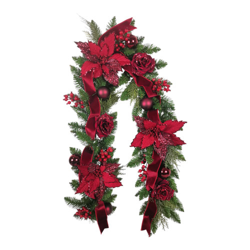 Rose, Poinsettia & Bauble Garland - Burgundy - 182cm