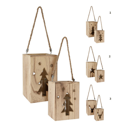Lantern Wood Set 2Pcs 3Ass