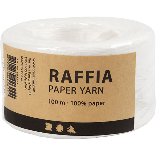 Paper raffia yarn, white, W: 7-8 mm, 100 m/ 1 roll
