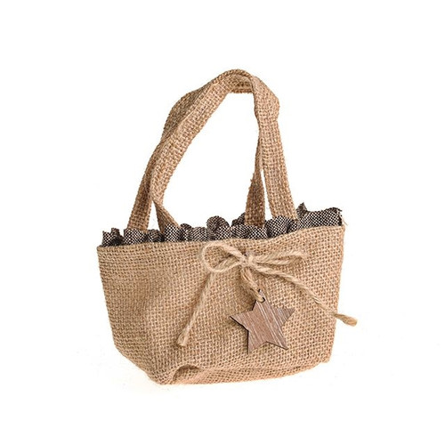 Frilly Natural Jute Bag Star With Handle Plastic Lined Small