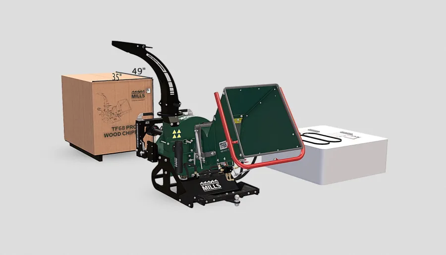 Woodland Mills TF68 PRO PTO wood chipper beside its shipping crate