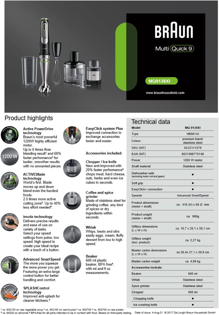Braun Multi Quick 9-in-1 Hand Blender MQ9187XLI - Electronics