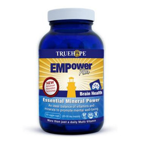 Truehope EMPower Plus Brain Health supplement, blue bottle containing 120 capsules for mental well-being and essential mineral support. Truehope EMPower Plus Brain Health supplement, blue bottle containing 120 capsules for mental well-being and essential mineral support.