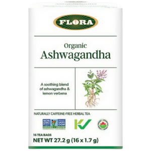 Flora Organic Ashwagandha Tea Bags - front label Flora Organic Ashwagandha Tea Bags - front label