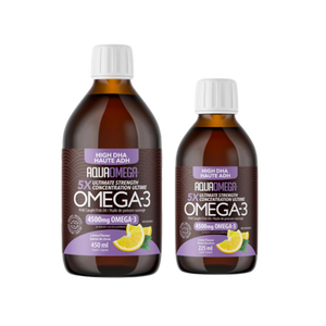AquaOmega High DHA Omega-3 Wild Caught Fish Oil Lemon Flavour | 2 sizes - 450ml, 225ml AquaOmega High DHA Omega-3 Wild Caught Fish Oil Lemon Flavour | 2 sizes - 450ml, 225ml