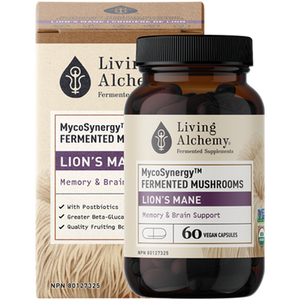 Living Alchemy MycoSynergy Fermented Mushrooms Lion's Mane | 60 Capsules - front packaging and bottle Living Alchemy MycoSynergy Fermented Mushrooms Lion's Mane | 60 Capsules - front packaging and bottle