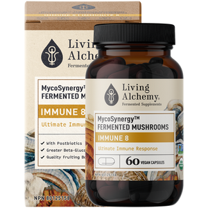 Living Alchemy MycoSynergy Fermented Mushrooms Immune 8 | 60 Capsules - front packaging and bottle Living Alchemy MycoSynergy Fermented Mushrooms Immune 8 | 60 Capsules - front packaging and bottle