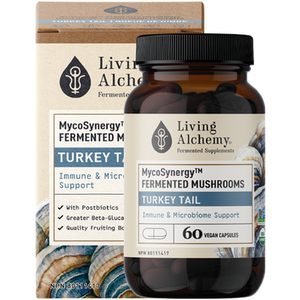 Living Alchemy MycoSynergy Fermented Mushrooms Turkey Tail | 60 Capsules - bottle and packaging Living Alchemy MycoSynergy Fermented Mushrooms Turkey Tail | 60 Capsules - bottle and packaging