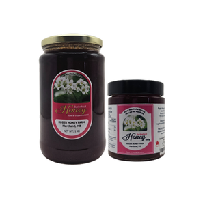 Reger Honey Farm Raw & Unpasteurized Buckwheat Honey | 2 sizes - front of packaging and size variations